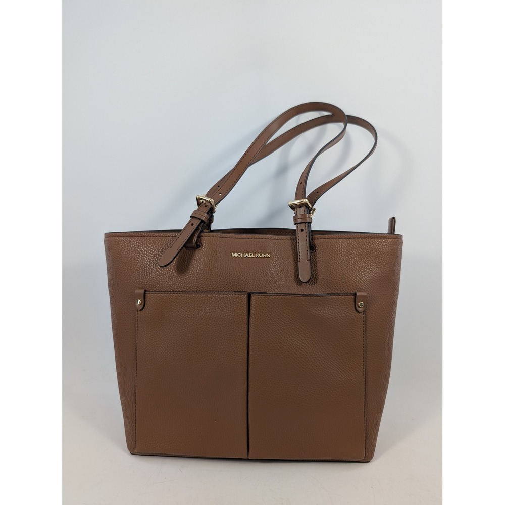 Michael Kors Jet Set Travel Medium Tote Brown Pebbled Leather Gold Tone